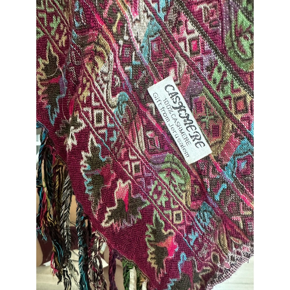 Y2K 100% Cashmere Paisley Floral Pashmina Shawl Wrap Scarf Brown Magenta Fringe - Picture 6 of 7